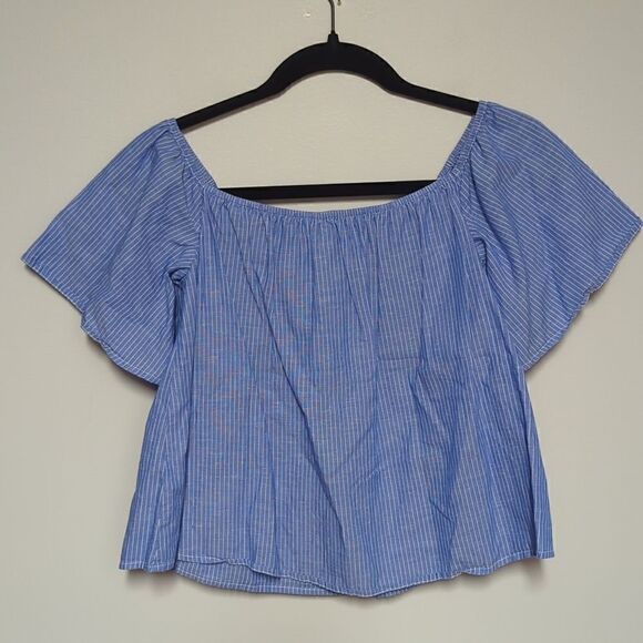 Express Blue Pin Striped Off the Shoulder Blouse - Picture 4 of 6